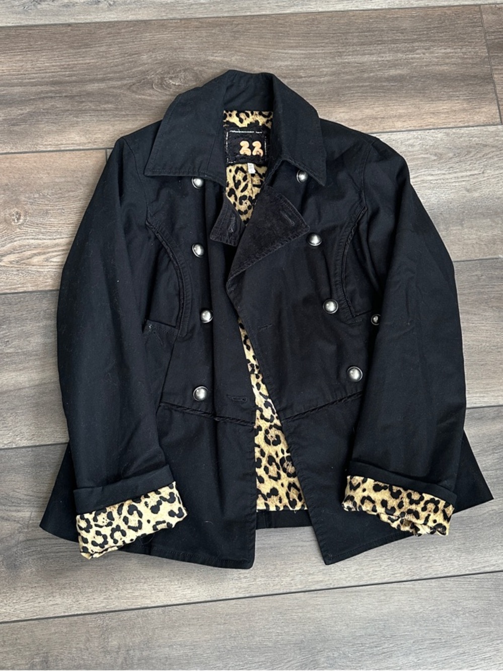 22 DECEMBER Black Double-Breasted Pea Coat with Leopard Trim